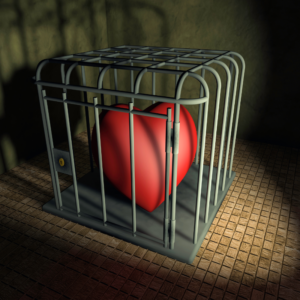 A red heart enclosed in a metal cage, symbolizing the restriction of love and emotional openness. The cage is locked, casting shadows on a tiled floor, evoking a sense of confinement and withheld emotions.