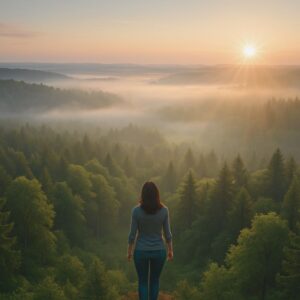Woman standing above a misty forest at sunrise, representing a new perspective and inner clarity.