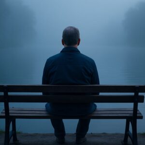 Middle-aged man sitting alone on a bench facing a foggy blue lake