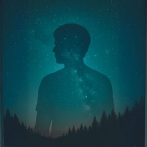Silhouette of a person blending into a starry night sky and forest — representing the imaginary self and our deeper connection to the universe.