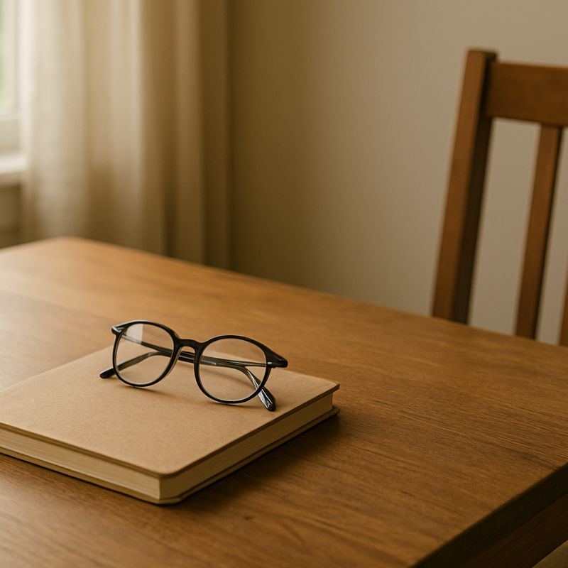 Reading glasses resting on a notebook in soft window light, symbolizing reflection and identity during retirement.