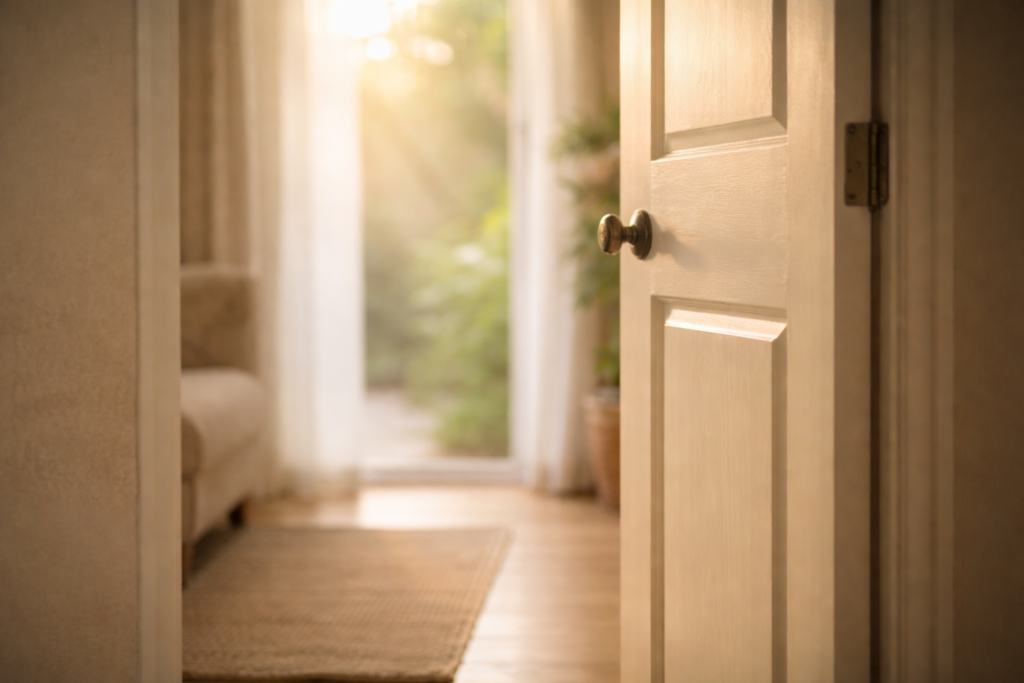 Open door with soft light symbolizing the moment when life isn’t enough and a new direction begins.
