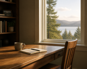 Writing desk with notebook and coffee by a window overlooking a lake, reflecting on retirement