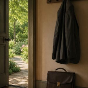 Suit jacket hanging by a doorway, symbolizing the transition from a work identity into retirement
