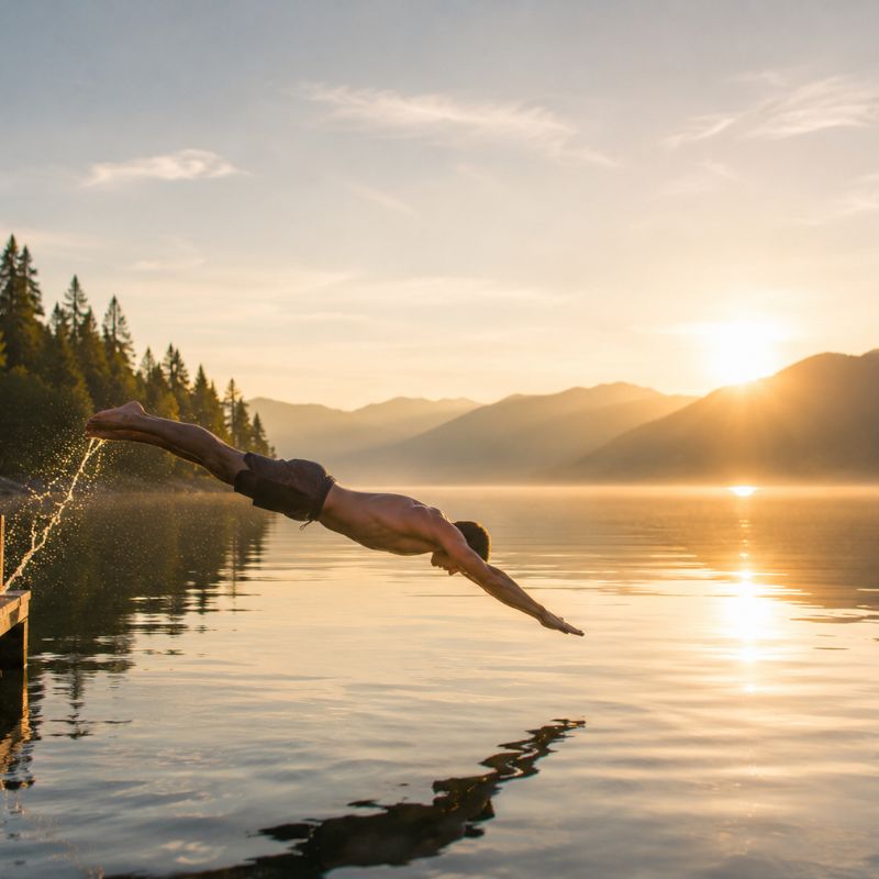 Person diving into a calm lake at sunrise, symbolizing letting go of resistance and embracing life fully.