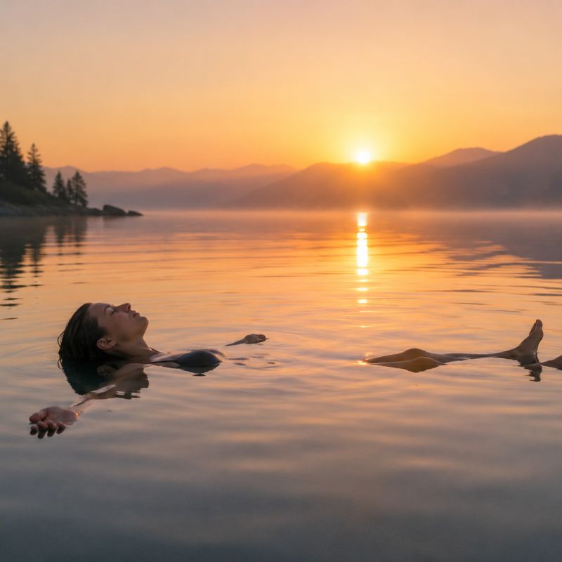 Person floating peacefully on a calm lake at sunrise, reflecting the peace of embracing the life already being lived.