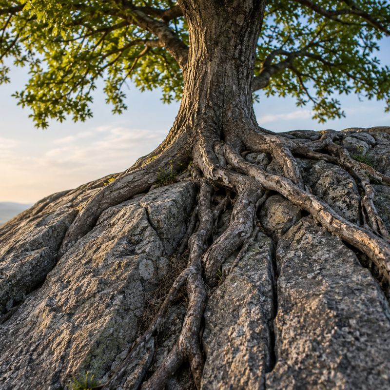 Tree roots growing through rock, symbolizing resilience and adapting to change.