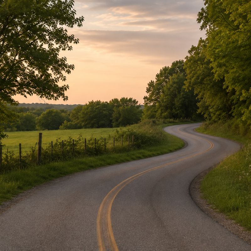 Curving country road disappearing into the distance, symbolizing change, uncertainty, and the journey into life's next chapter.