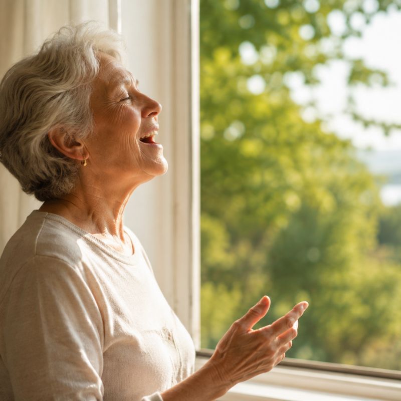 Older woman singing freely by a window after letting go of the belief that she couldn’t sing.