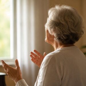 Older woman beginning to sing by a window, letting go of a lifelong belief about what she can’t do.