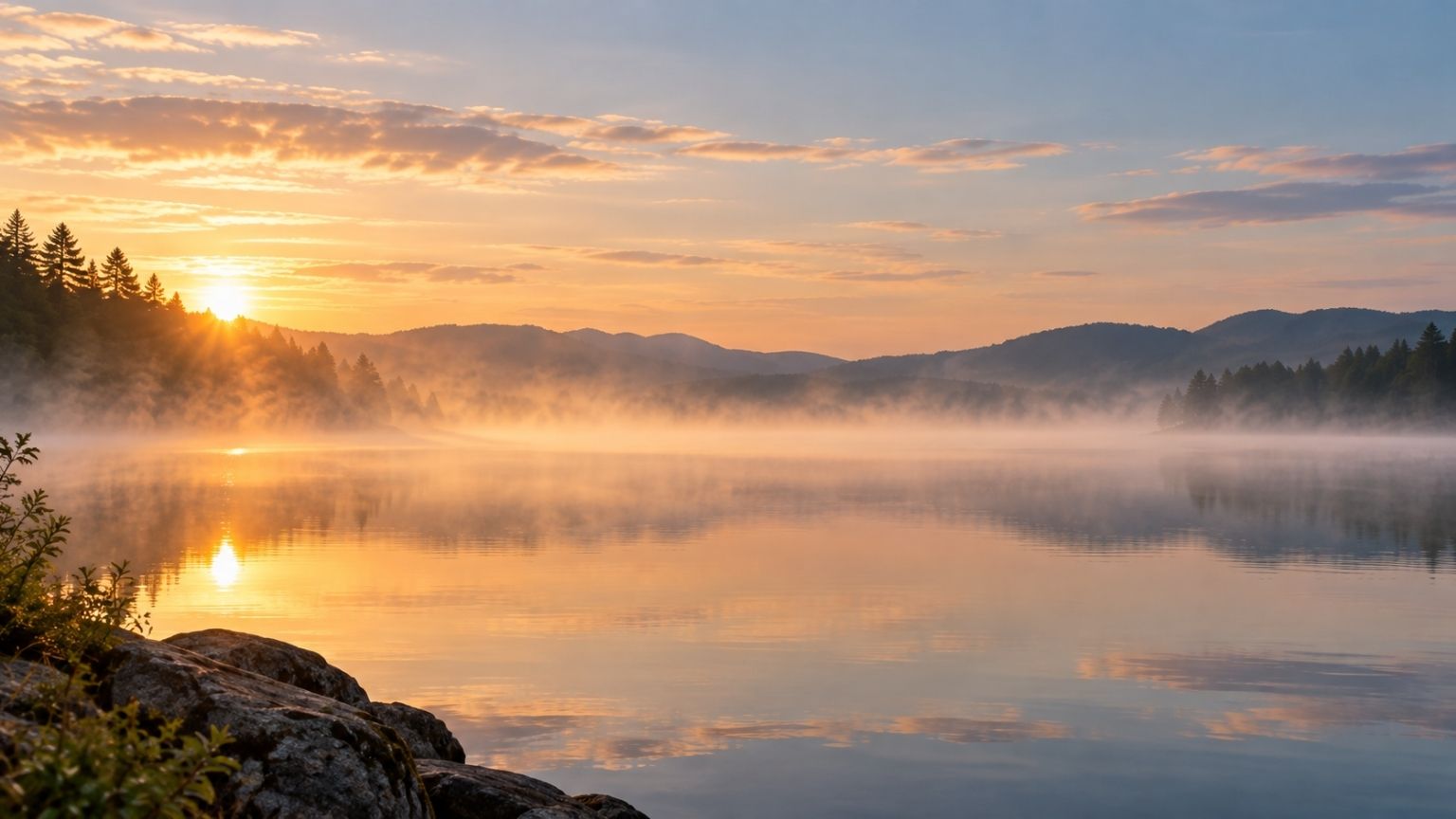Quiet lake at sunrise surrounded by mist and mountains, reflecting the peace we can find in silence.