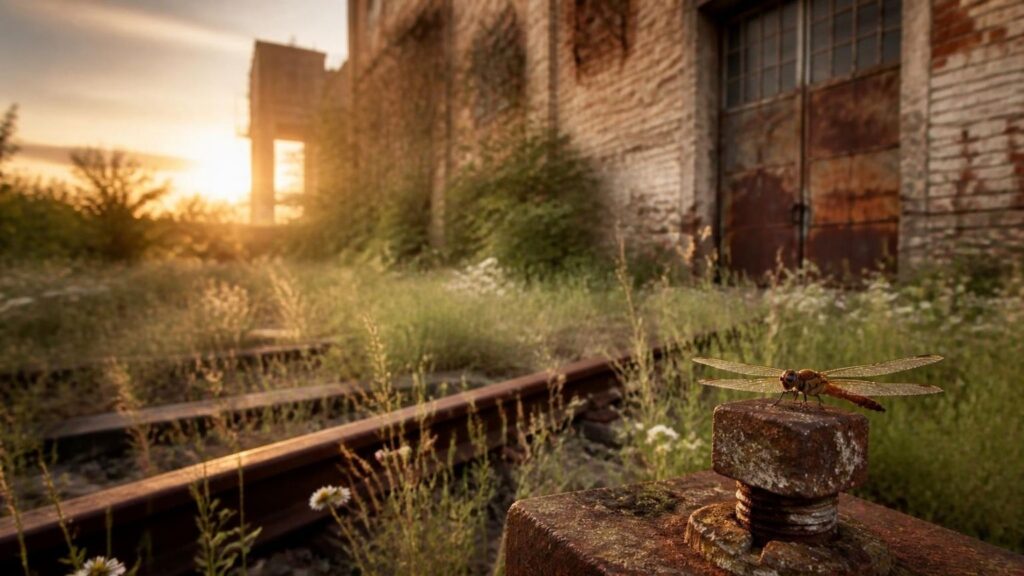 Rusted railway tracks overgrown with wild grasses beside an old brick building at sunset