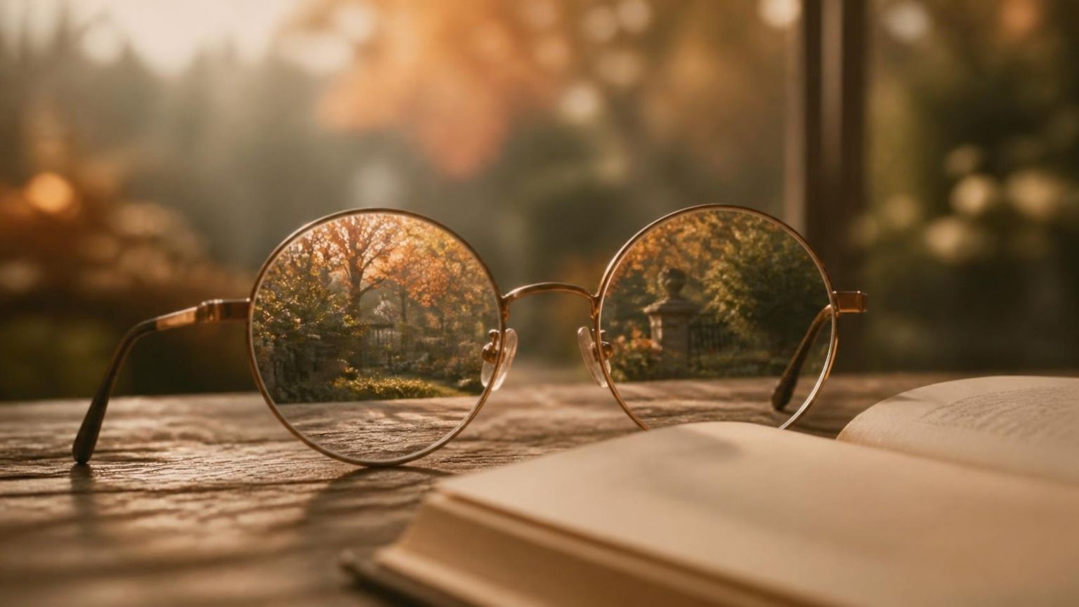 Vintage reading glasses resting on an open book in warm autumn light, a quiet symbol of seeing life with curiosity
