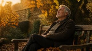 Retired man resting peacefully on a garden bench in golden autumn light