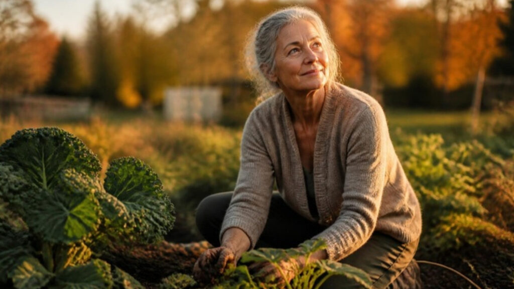 Woman in retirement sitting at ease in her autumn garden in golden afternoon light