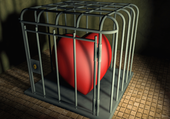 A red heart enclosed in a metal cage, symbolizing the restriction of love and emotional openness. The cage is locked, casting shadows on a tiled floor, evoking a sense of confinement and withheld emotions.