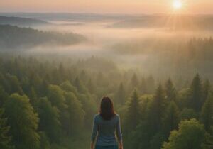 Woman standing above a misty forest at sunrise, representing a new perspective and inner clarity.