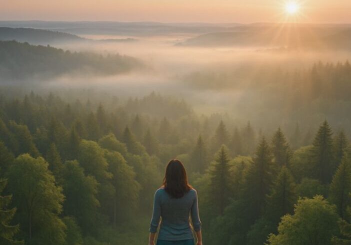 Woman standing above a misty forest at sunrise, representing a new perspective and inner clarity.