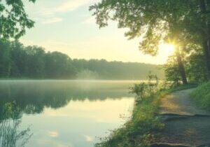 A sunlit forest path along a calm lake at sunrise, symbolizing peace, reflection, and the quiet acceptance of loss.