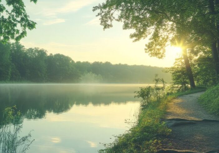 A sunlit forest path along a calm lake at sunrise, symbolizing peace, reflection, and the quiet acceptance of loss.