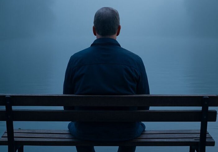 Middle-aged man sitting alone on a bench facing a foggy blue lake