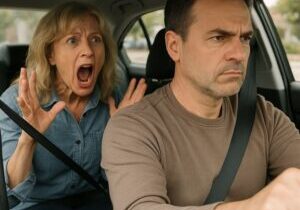 Frustrated man driving while a woman yells from the backseat, representing overthinking and the noisy backseat driver in the mind.