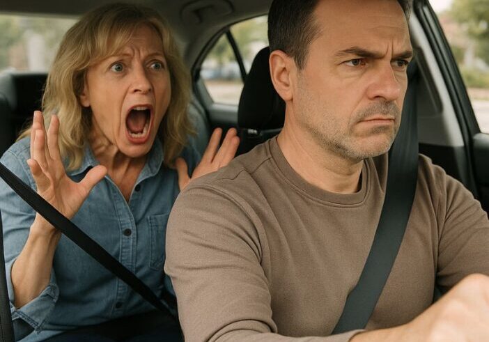 Frustrated man driving while a woman yells from the backseat, representing overthinking and the noisy backseat driver in the mind.
