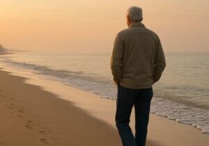 Older man walking alone on a quiet beach at sunrise, reflecting on retirement and the next chapter of life.