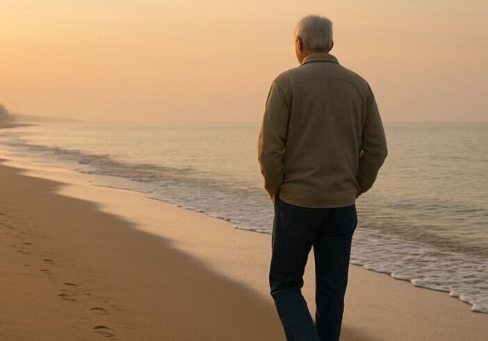 Older man walking alone on a quiet beach at sunrise, reflecting on retirement and the next chapter of life.