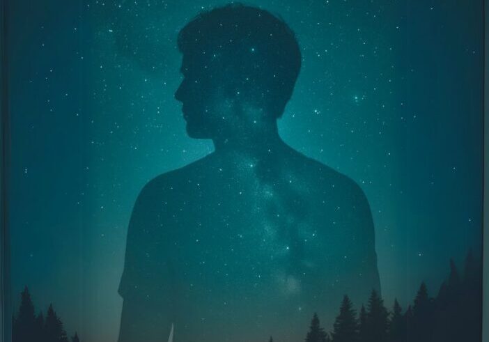 Silhouette of a person blending into a starry night sky and forest — representing the imaginary self and our deeper connection to the universe.